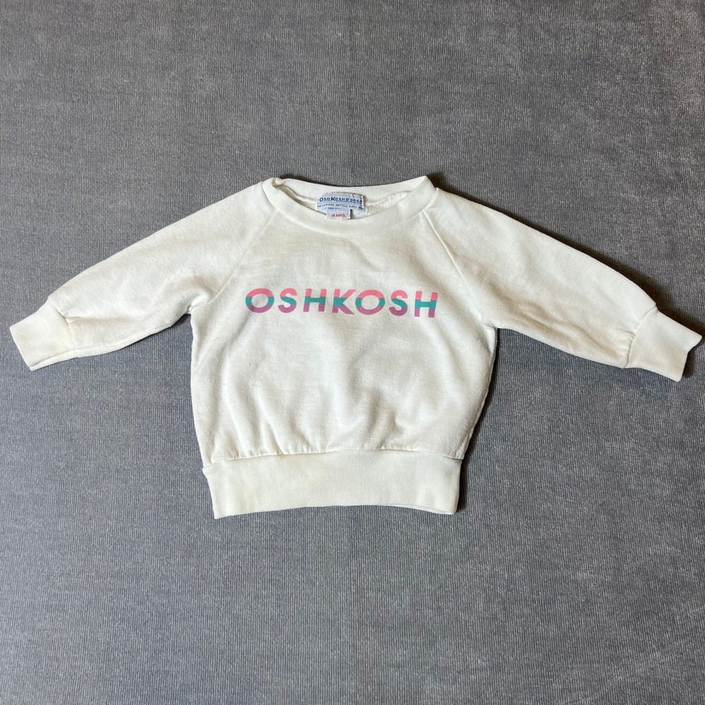 Vintage OshKosh B'gosh Kids 18M Spellout Sweatshirt White Raglan Pink Teal